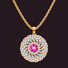 Round pendant with precious stones on a golden chain. Jewelry with ruby and diamonds vector