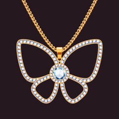 Butterfly pendant with precious stones on a golden chain. Jewelry with diamonds vector