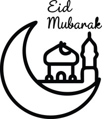 Minimalist Eid Mubarak greeting card design with mosque and crescent moon