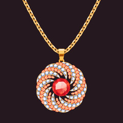 Round pendant with precious stones on a golden chain. Jewelry with ruby and diamonds vector