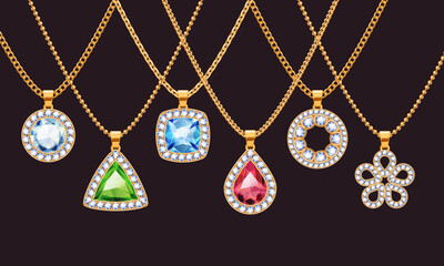 Assorted pendants set with precious stones on a chain. Jewelry with ruby and diamonds vector