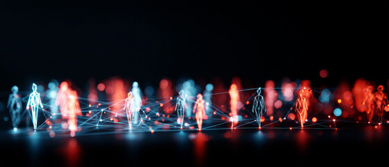 Colorful glowing icons represent people interconnected by luminous lines, forming a vibrant social network against a dark backdrop with a warm ambience