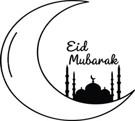 Minimalist Eid Mubarak greeting card design with mosque and crescent moon