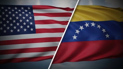 Waving us and venezuelan flags are dramatically presented in a patriotic, diagonally split digital composite, symbolizing international political conflict against a cloudy sky.