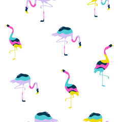 Seamless Pattern of Abstract Flamingo Birds with Vibrant Pop Art Colors on White Background