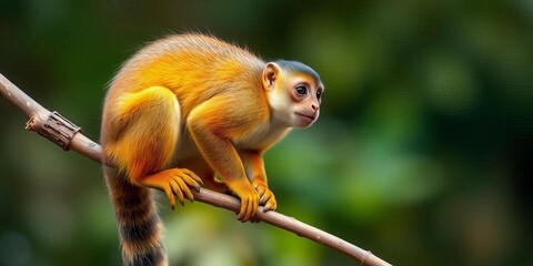 Naklejka premium A vibrant squirrel monkey perched on a branch, exhibiting playful alertness, fauna, sciuridae