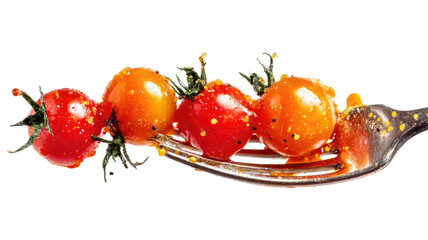 Fresh ripe tomatoes pierced by fork with vibrant juice splashes falling on clean white background for healthy food