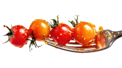 Fresh ripe tomatoes pierced by fork with vibrant juice splashes falling on clean white background for healthy food