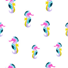 Seamless Pattern of Abstract Seahorses with Vibrant Pop Art Colors on White Background