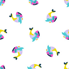 Seamless Pattern of Abstract Whales with Vibrant Pop Art Colors on White Background. Modern Artistic Whale Vector Illustration