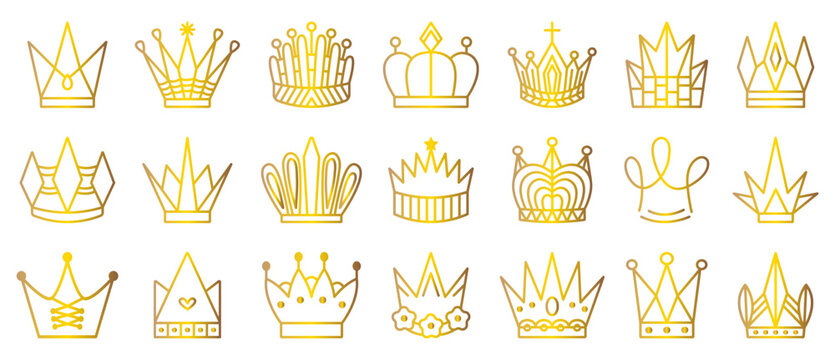 Gold line crown icon vector set, decorative outline royalty signs. Golden gradient decorative luxury cliparts, elegant king and queen pictograms
