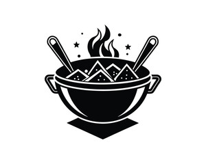 Black silhouette of a steaming bowl of food with spoons and stars on a white background Keywords: food, cooking, meal, dish, cuisine, culinary