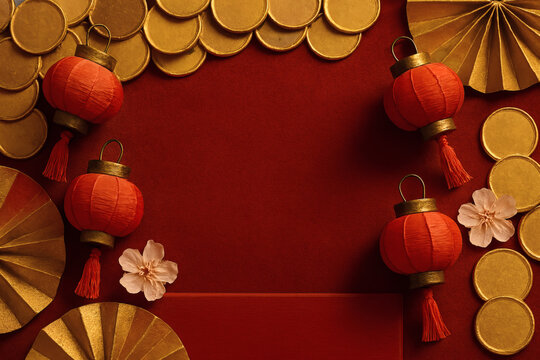 Latar Belakang Bingkai Tradisional Tahun Baru Imlek dengan Lentera Merah, Koin Emas, dan Kipas Kertas untuk Ruang Kosong.