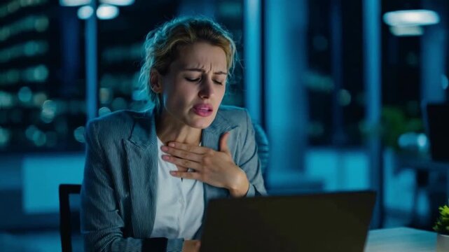 Overworked and Overwhelmed: A business woman, under the dim glow of her laptop screen, struggles with the suffocating weight of burnout.
