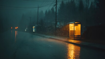 Lonely bus stop shelter stands on wet road under stormy dark sky with rain falling and reflections on asphalt in cinematic mood.