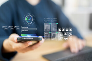 Secure business document requires privacy safety lock. Validation check mark on network mail account ensures compliance term approval. Technology uses identity shield to certify login