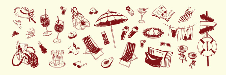 Collection of Beach Vacation Icons in Red Line Art.