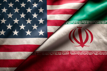 Two flags of the United States and Iran symbolizing geopolitical tension and conflict.