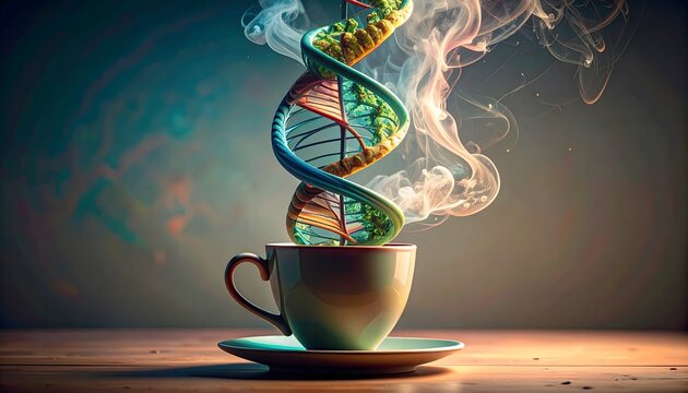 Steaming DNA Helix Emerging from Teacup - Powered by Adobe