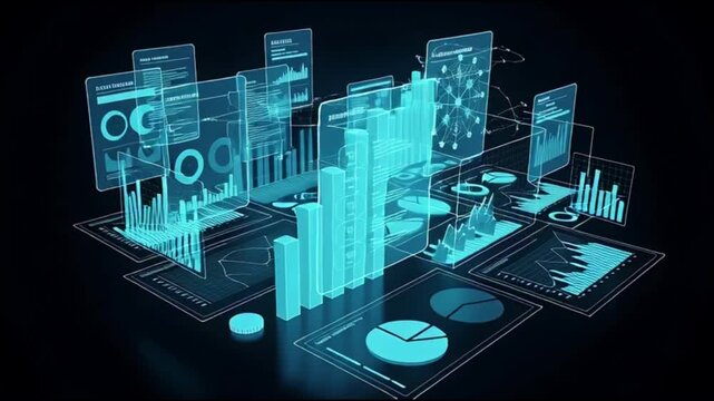 A 3D rendering of data visualization elements including charts, graphs, and analytics on a dark background with blue neon light.