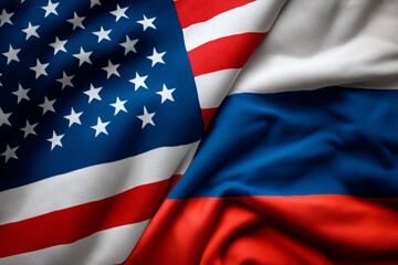 National flags of USA and Russia representing geopolitical tension and war risk.
