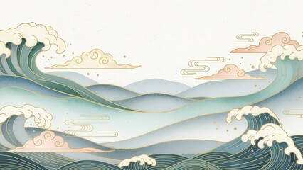 Dynamic stylized ocean waves crash against layered hills under traditional clouds, depicted in an elegant digital illustration with a serene pastel color palette.