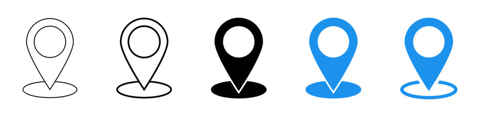 Location icon set, map pin icons in outline and solid styles, black and blue variations, ideal for maps, GPS, navigation apps, location markers, address indications, geolocation, and UI interfaces.