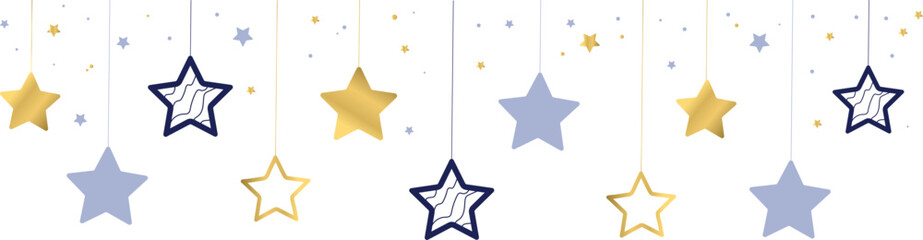 Garland with golden and blue stars on the transparent background. Border with stars. 