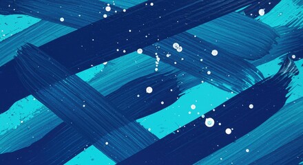 A vibrant abstract painting featuring diagonal stripes in various shades of blue with white splatters