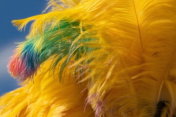 Vibrant colorful feathers create a stunning macro texture background with yellow green and pink hues with nature and pattern