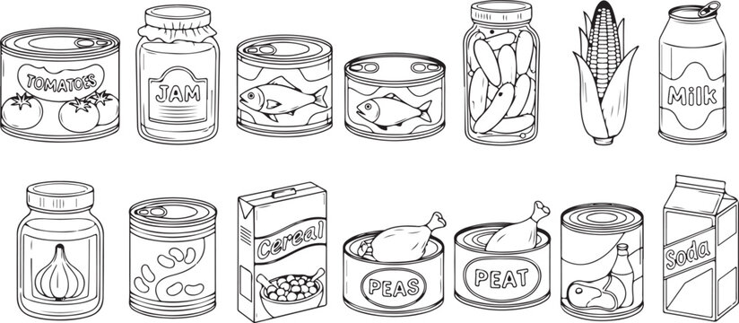 Hand drawn canned goods and food canned tomatoes jam jar