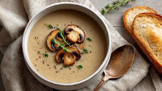 Creamy mushroom soup with toasted bread and herbs in autumn rustic setting