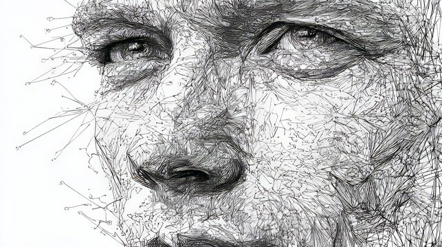 Intricate grayscale artwork depicts a partial face rendered with fine lines and scattered, connected nodes, creating an ethereal effect