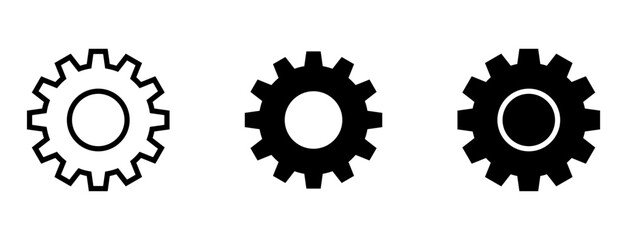 Gear and settings icon set in outline and solid styles, representing configuration, system control, preferences, settings, tools, and technical configuration for UI design.