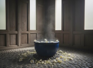 Steaming blue bowl with floating plumeria flowers in a tranquil spa room with wooden walls and pebble floor for relaxation