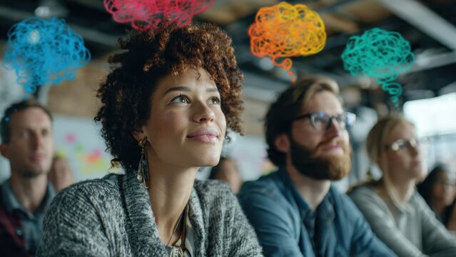 Diverse Group of Professionals in Creative Workshop with Colorful Brainstorming Concepts Above Their Heads