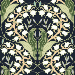 Cotton fabric Seamless pattern with vintage art nouveau lily of the valley flowers and sage green leaves on dark background botanical floral illustration for textile and wallpaper