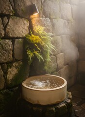 Traditional Japanese Onsen Hot Spring Bath with Steam, Mossy Stone Wall, and Ferns
