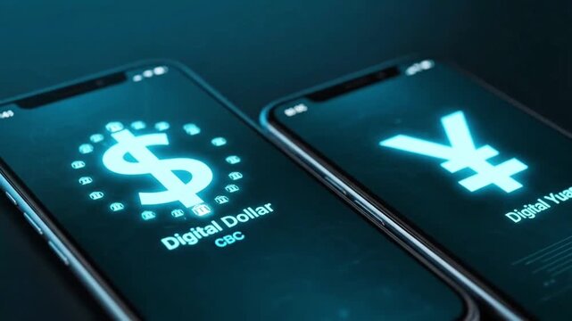 Smartphone Digital Dollar vs Digital Yuan, CBDC Currency Exchange, Fintech