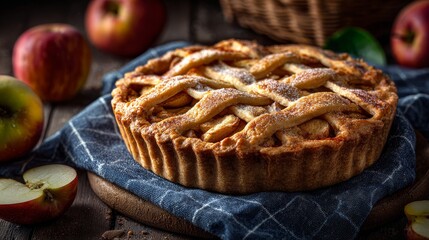 A golden apple pie sits atop a blue checkered cloth on a rustic wooden table, surrounded by whole & sliced apples