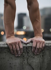 Athlete hands with chalk gripping rough concrete ledge against blurred city bokeh background.