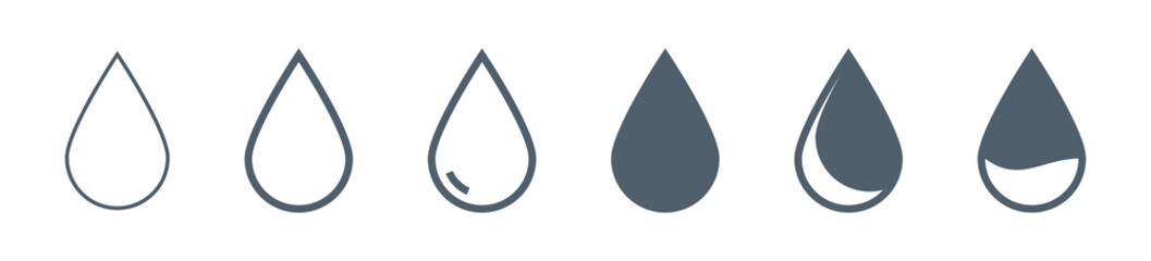 Water drop icon set in outline and solid styles, clean minimal shapes for fluid, rain, weather, and liquid UI design