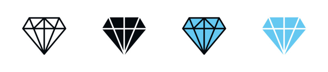 Diamond icon set in outline and solid styles, in black and blue variations for luxury, jewelry, and premium UI designs