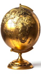 A close-up studio shot of a gold-colored globe on a pedestal. The map features relief and texture details