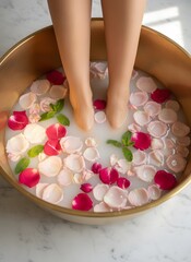 Woman's feet immersed in a soothing milk bath with vibrant rose petals and fresh mint leaves in a golden bowl.