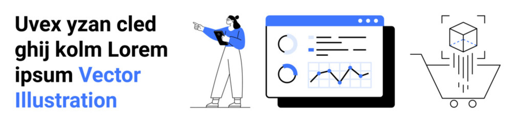 Businesswoman holding tablet, analytics dashboard with graphs and metrics, and cube with cart representing e-commerce. Ideal for analytics, business, e-commerce, technology, startup, innovation © robu_s