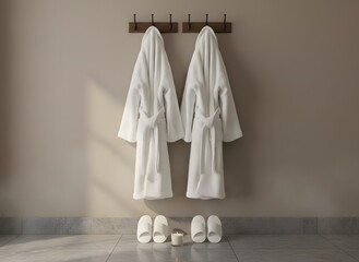 Two white bathrobes hanging on a wooden hook rack with slippers and a lit candle on a tiled floor.