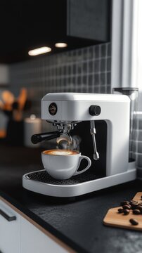 The modern coffee machine is equipped with steam and is capable of brewing fresh espresso, all within a sleek and minimalist kitchen setup that exudes luxury