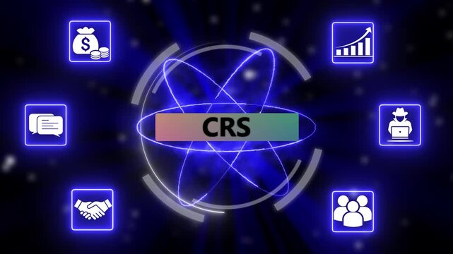 CRS business growth concept with futuristic neon Icons, performance concept with digital business network. Financial success and business neon motion graphic.