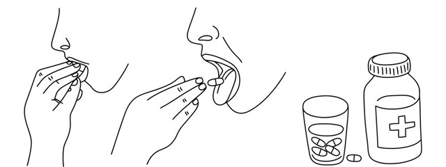 Pill taking and vitamin intake icons, healthcare and medicine symbols